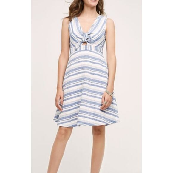 New Anthropologie Maeve Linen Striped Tie Front Pocket Dress Bon Vivant Coastal - Picture 3 of 13